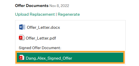 Example signed documents showing on a candidate profile in Greenhouse Recruiting