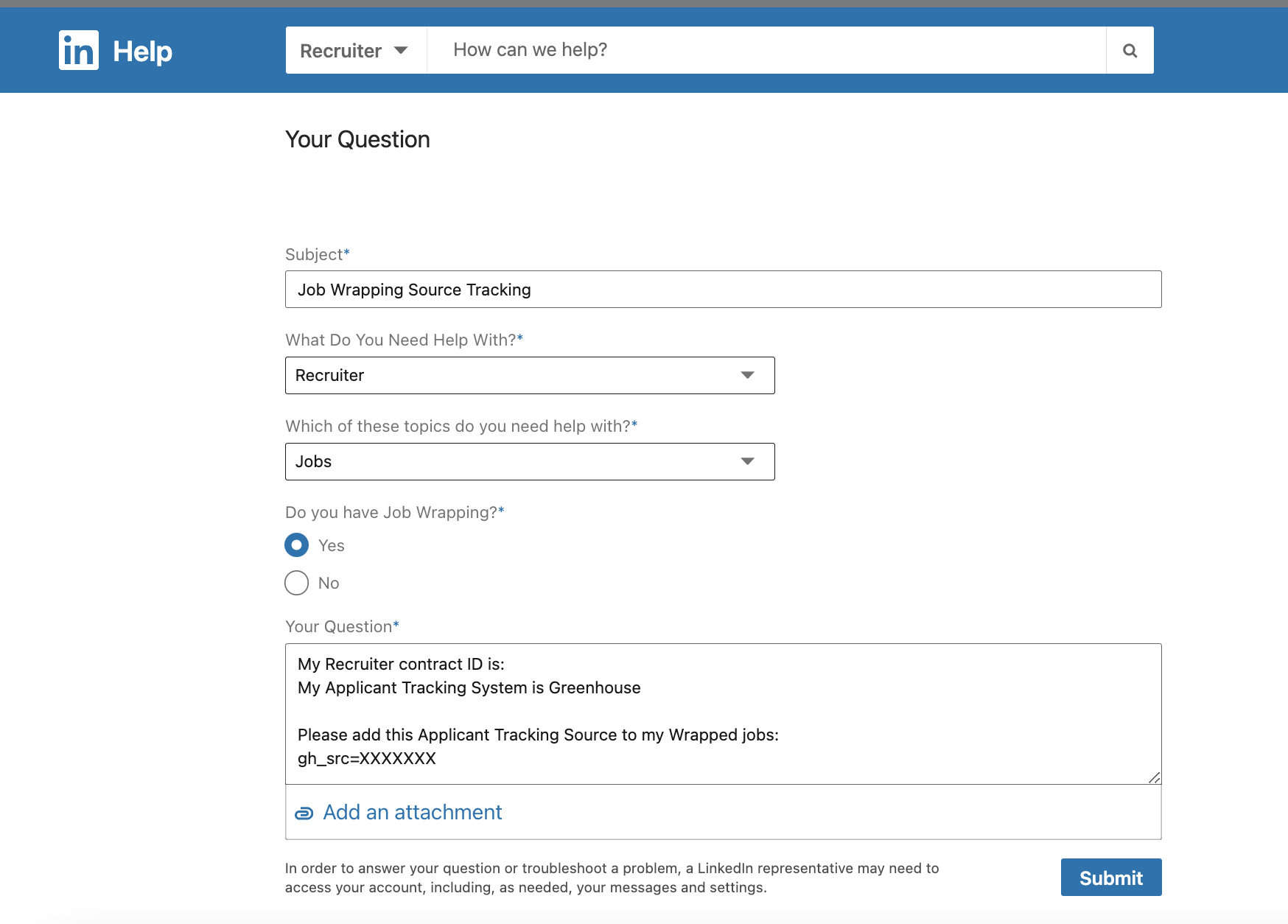 An example LinkedIn Support template is shown with the relevant information filled out