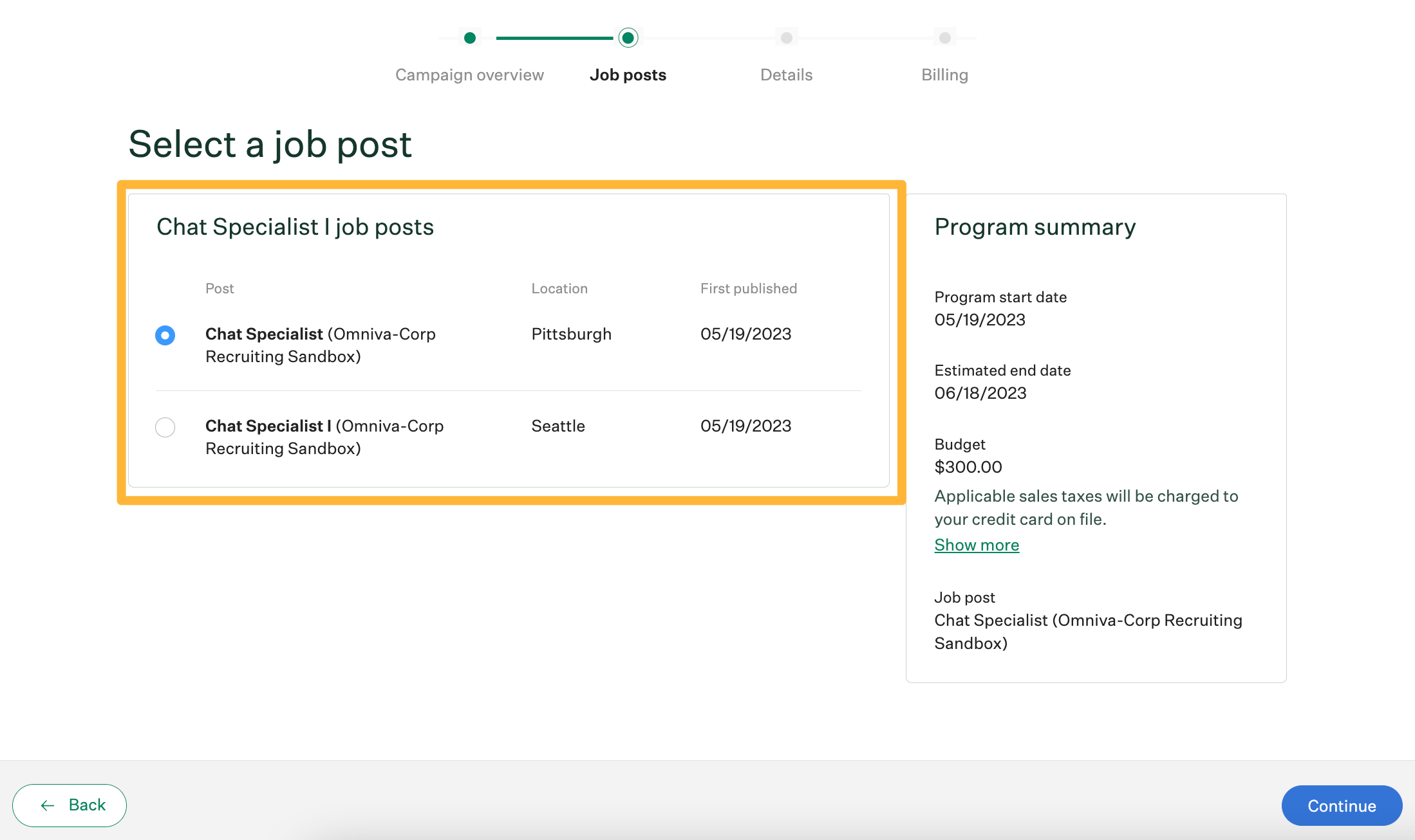 Select a job post page, with an orange box around the job post options