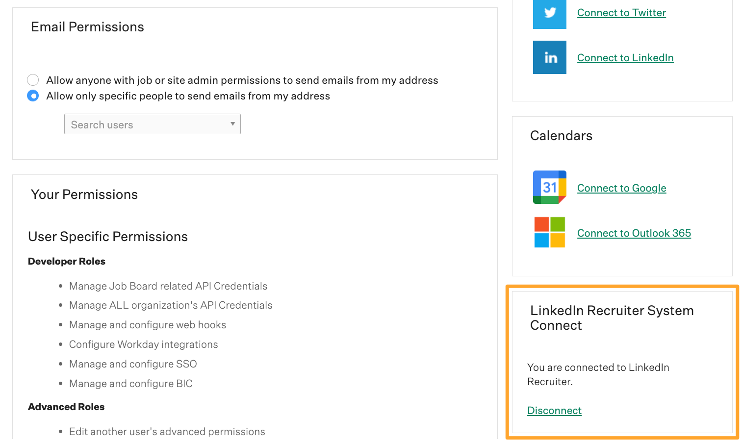 An example LinkedIn Recruiter account is shown connected on the Account Settings page with a Disconnect button highlighted