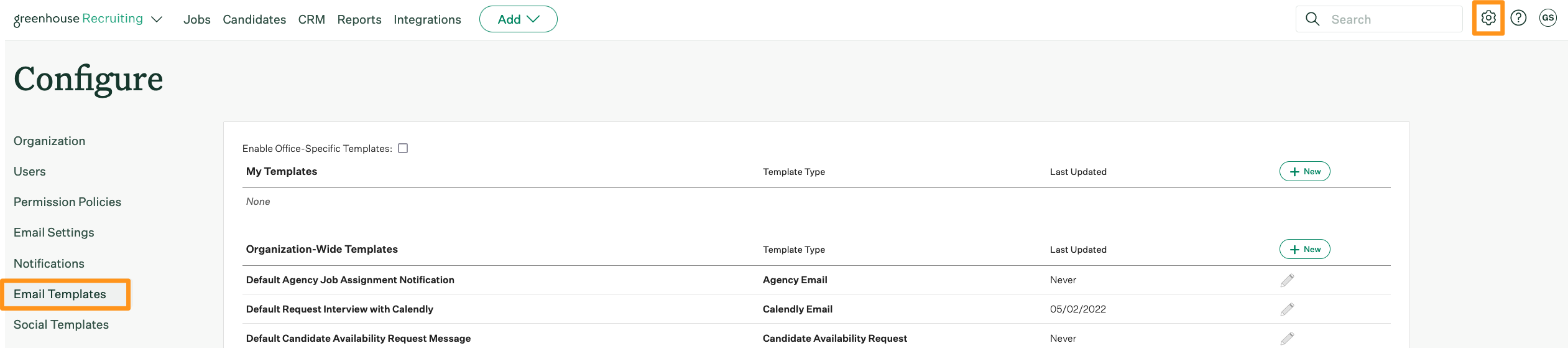 Screenshot of the email templates configure page. 