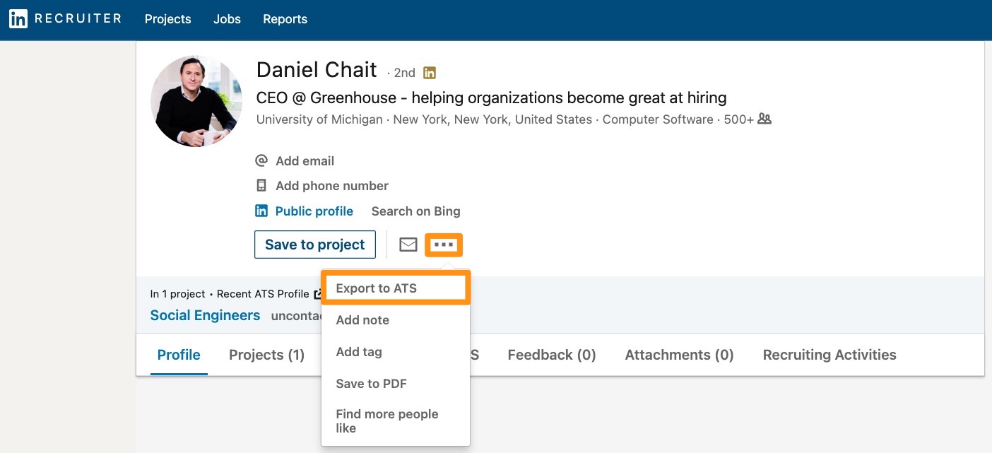 The LinkedIn Recruiter platform shows the Export to ATS button highlighted in marigold