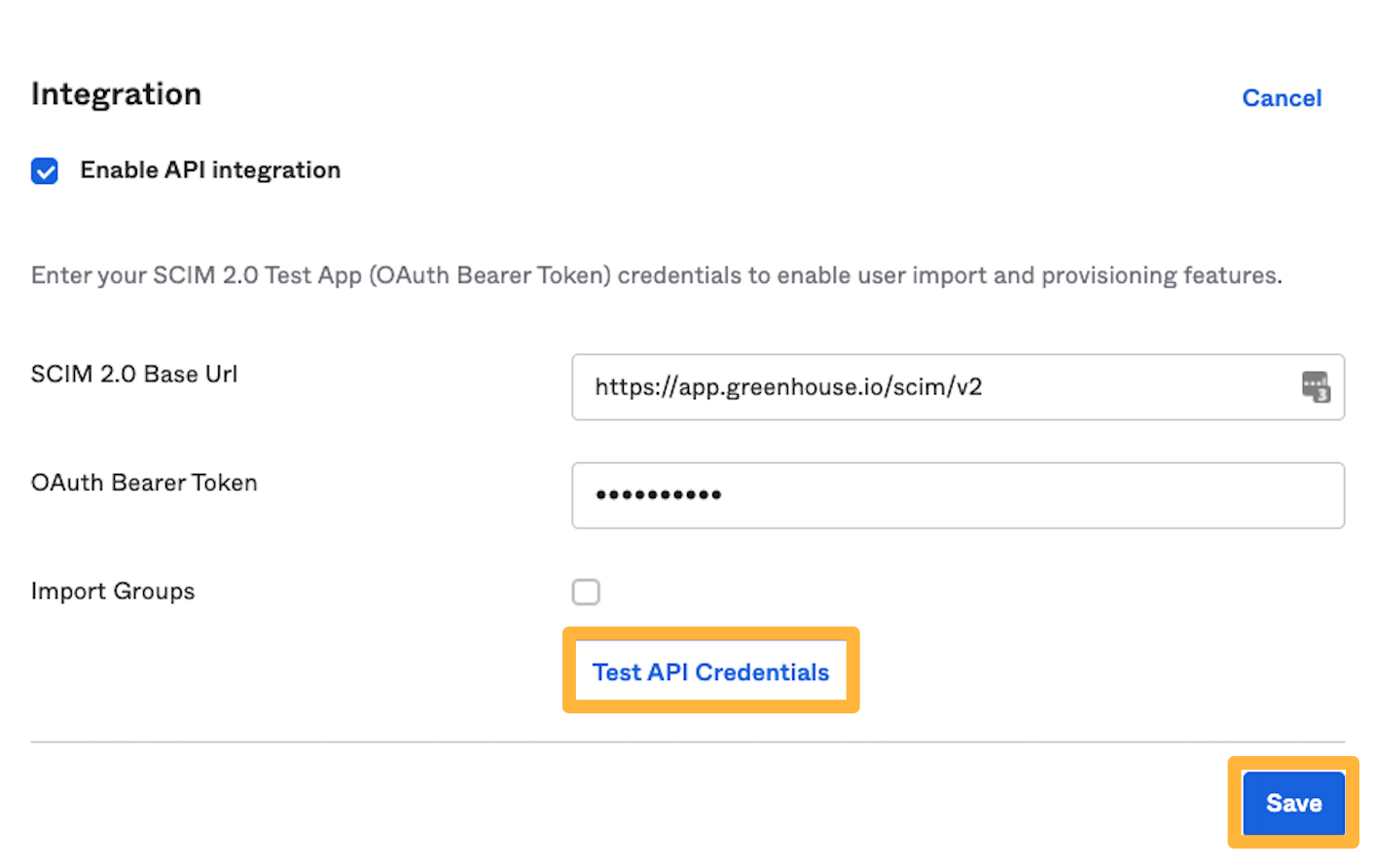 Screenshot of the test API credentials and save buttons in okta