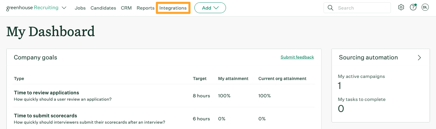 The integrations button is highlighted in Greenhouse Recruiting
