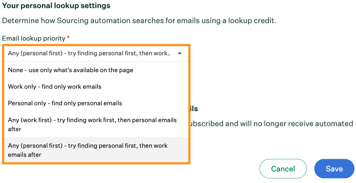 Screenshot of the email lookup priority dropdown menu. 