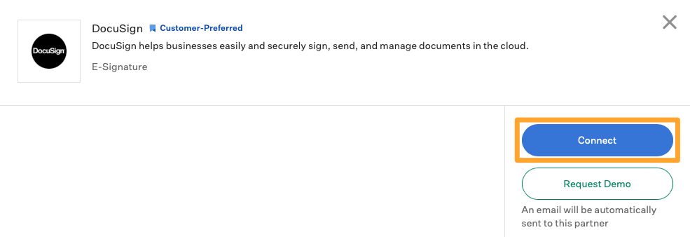 The Integrations page shows DocuSign integration with Connect button highlighted in marigold