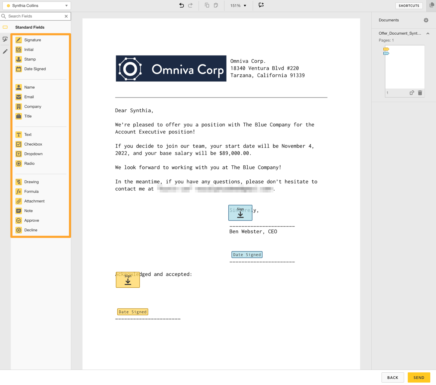 An example offer letter is shown on DocuSign from Omnivia Corp with additional fields panel highlighted on the left of the page