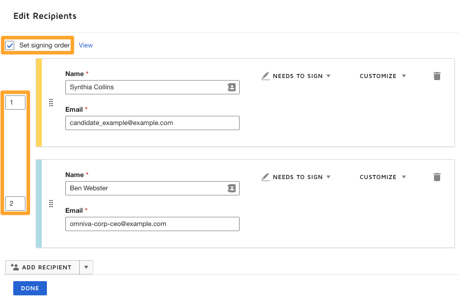 Screenshot of Edit signign order on DocuSign