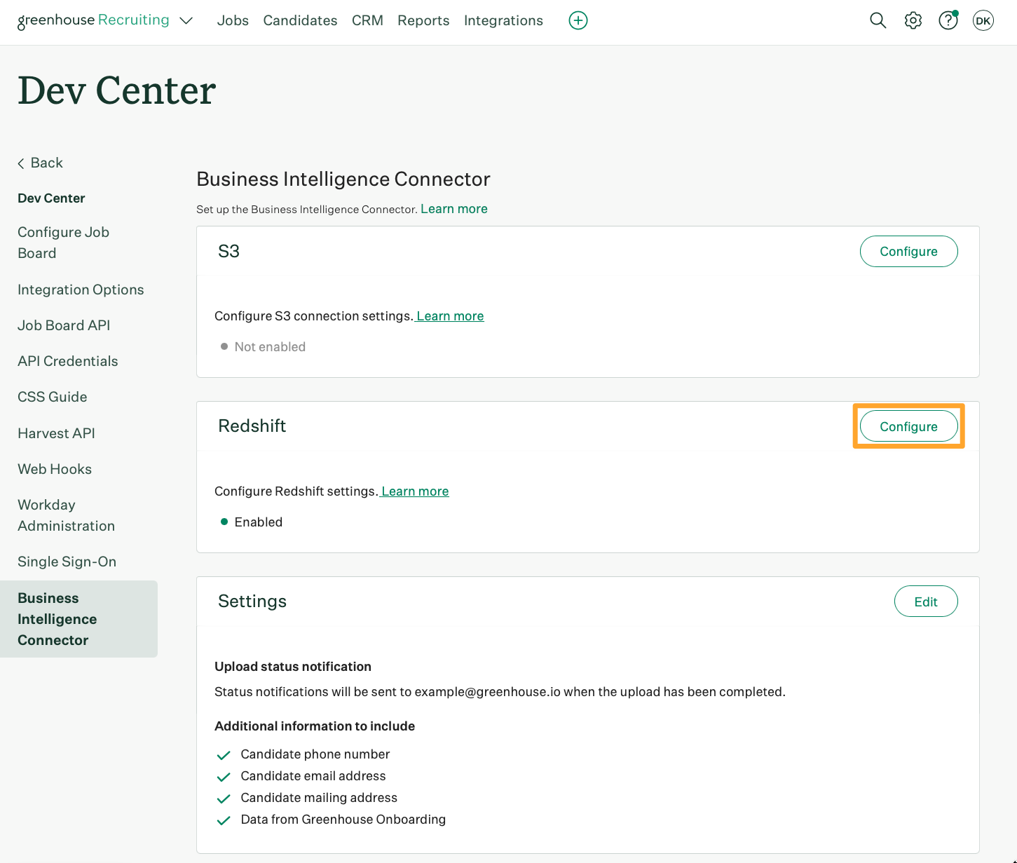 Screenshot of Configure Redshift settings button