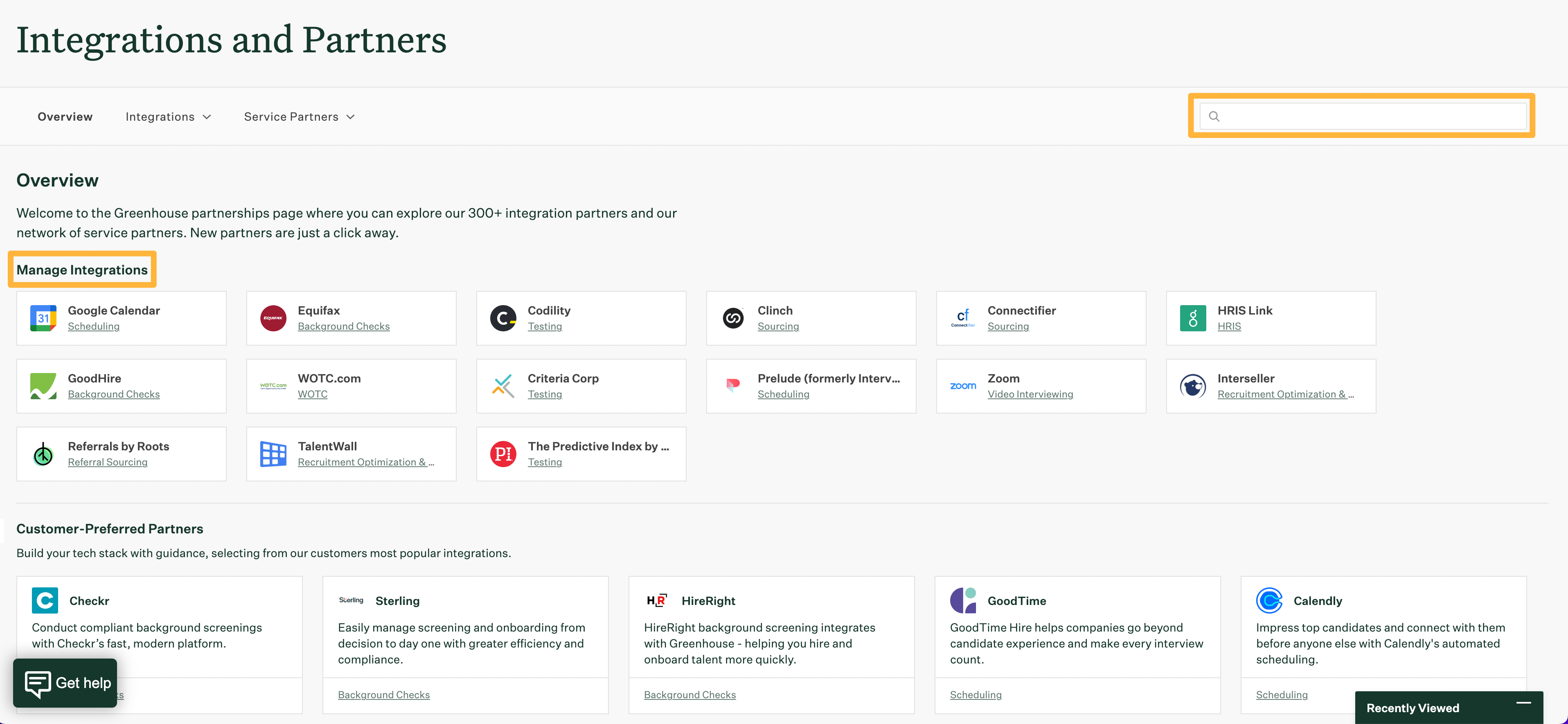 Screenshot of the manage integrations section