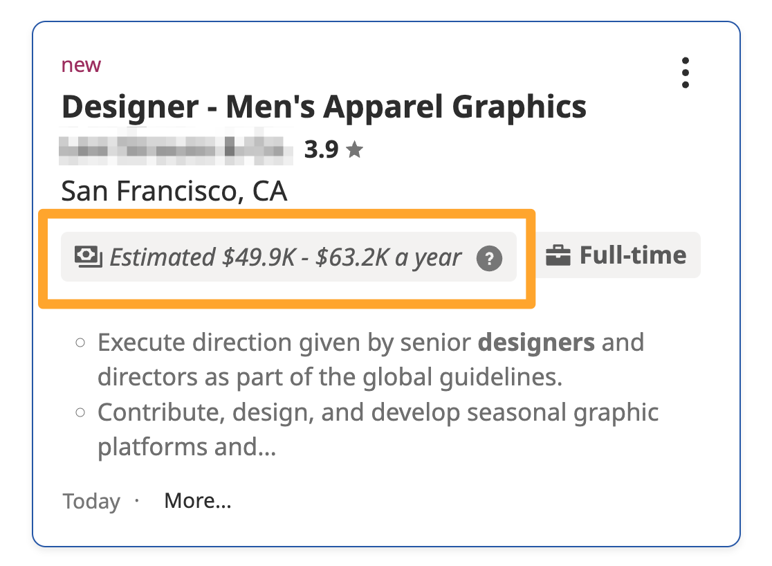 An example job named Designer, Men's Apparel Graphics is shown with on Indeed with an estimate salary range of 49,900 to 63,200 dollars per year