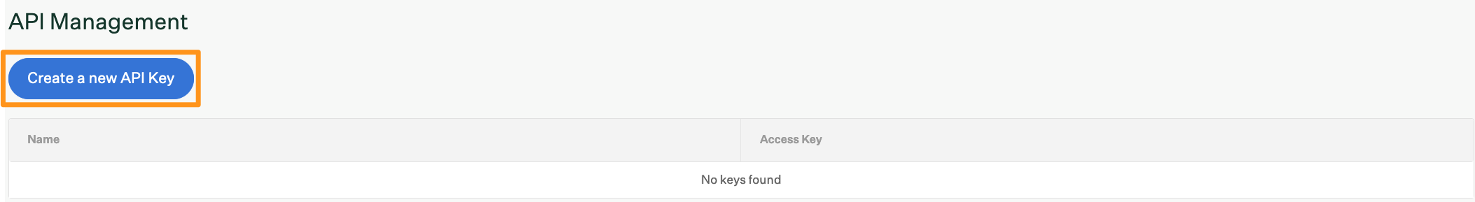 Screenshot of the create a new api key button. 