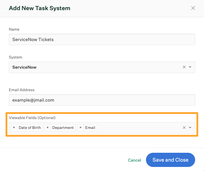 Viewable fields on 3rd party task configuration