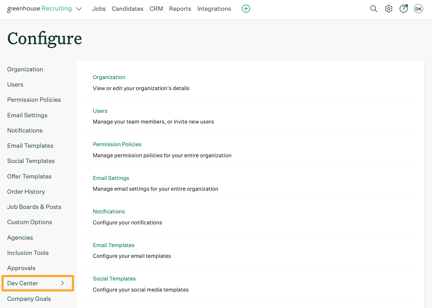 Screenshot of Configure > Dev Center