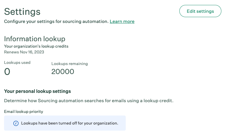 Screenshot of personal Sourcing Automation settings with lookup credits turned off