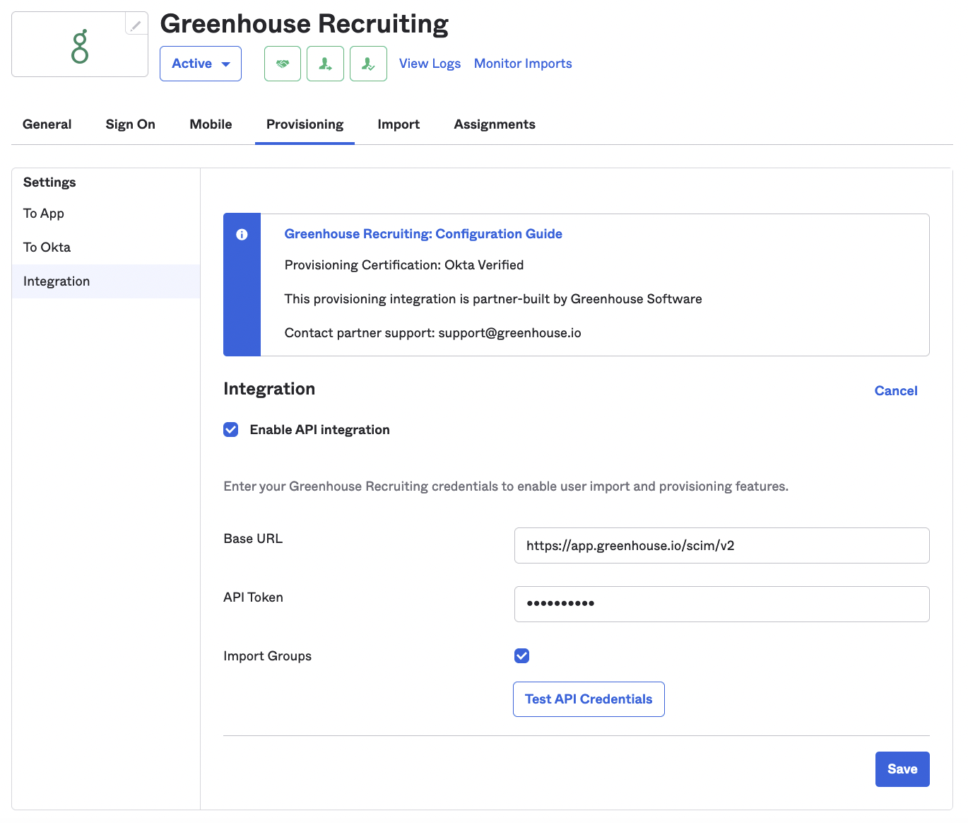 Screenshot of the greenhouse app in okta