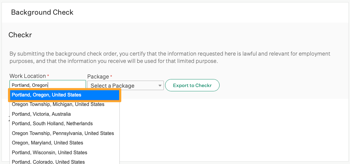 Portland, Oregon is shown in the work location field with Portland, Oregon, United States shown in the search results