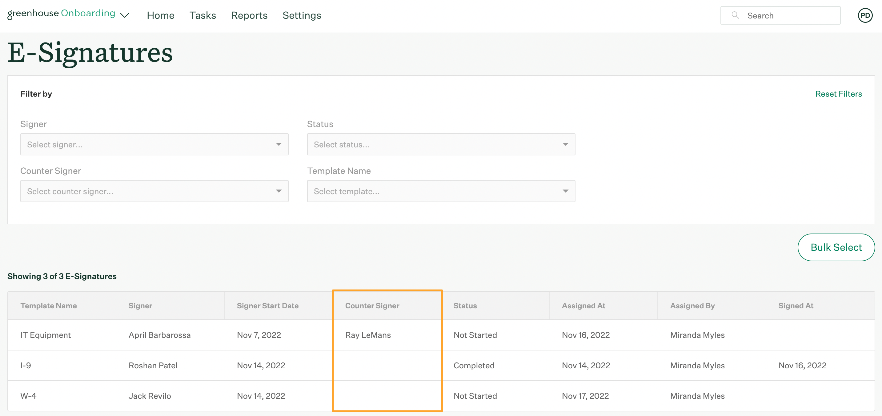 Counter signer column in E-Signature report