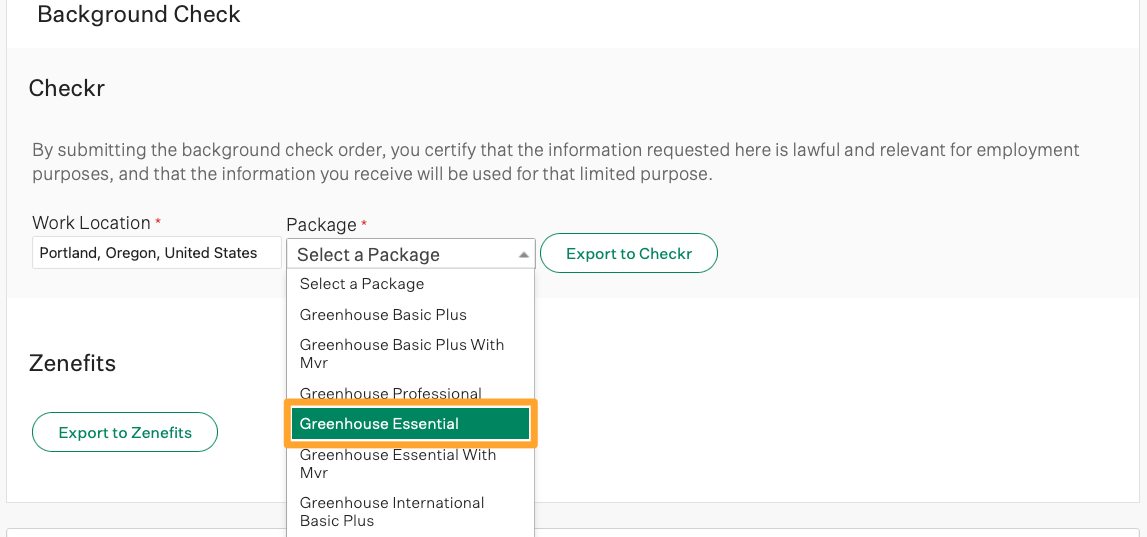 Background check packages shown in the dropdown menu