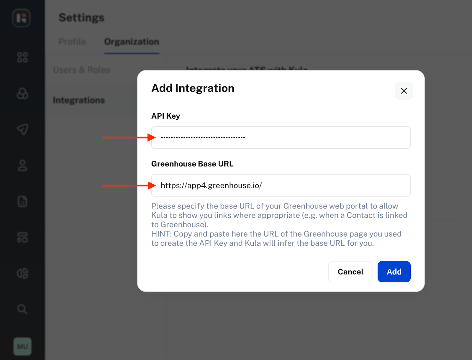 The Kula integration shows an example API integration set up for Greenhouse, with the Harvest API key and base URL entered