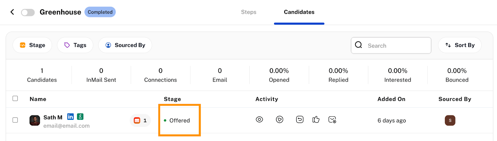 Greenhouse Recruiting shows an example candidate moved to the Offer stage