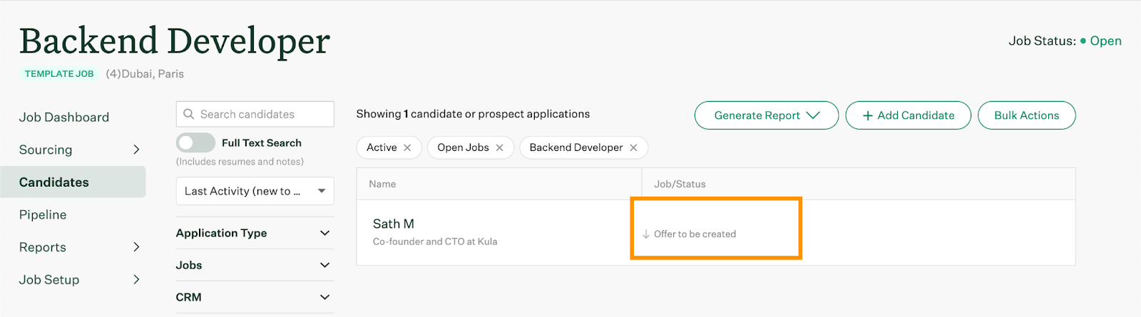 Greenhouse Recruiting shows an example candidate moved to the Offer stage
