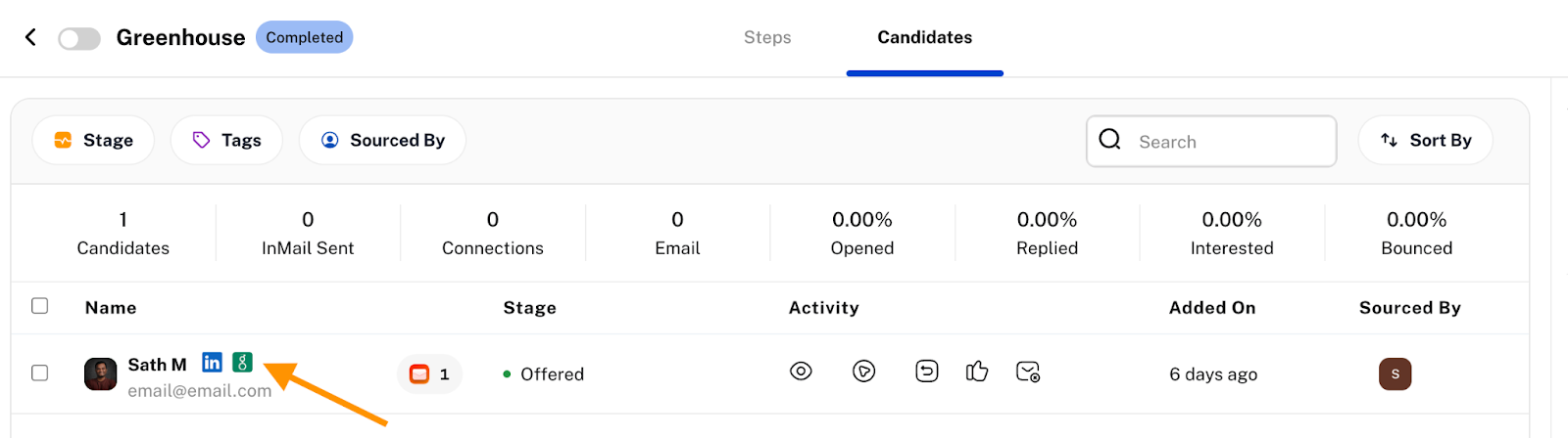 The Kula platform shows an example candidate with a Greenhouse icon beside their name