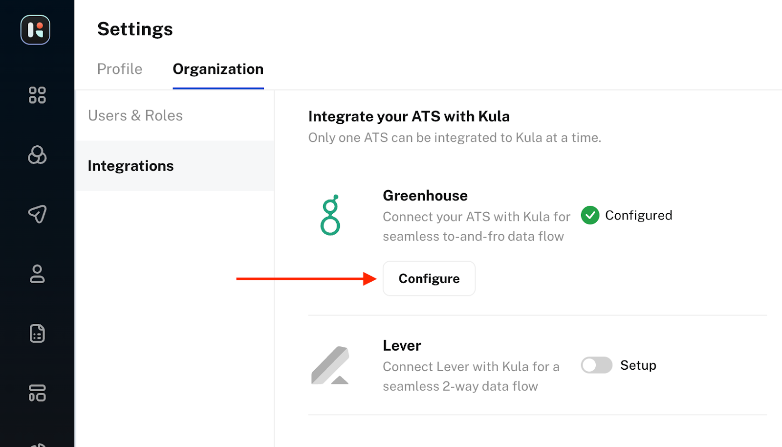 The Kula platform shows the Greenhouse integration with a Configure button beneath it