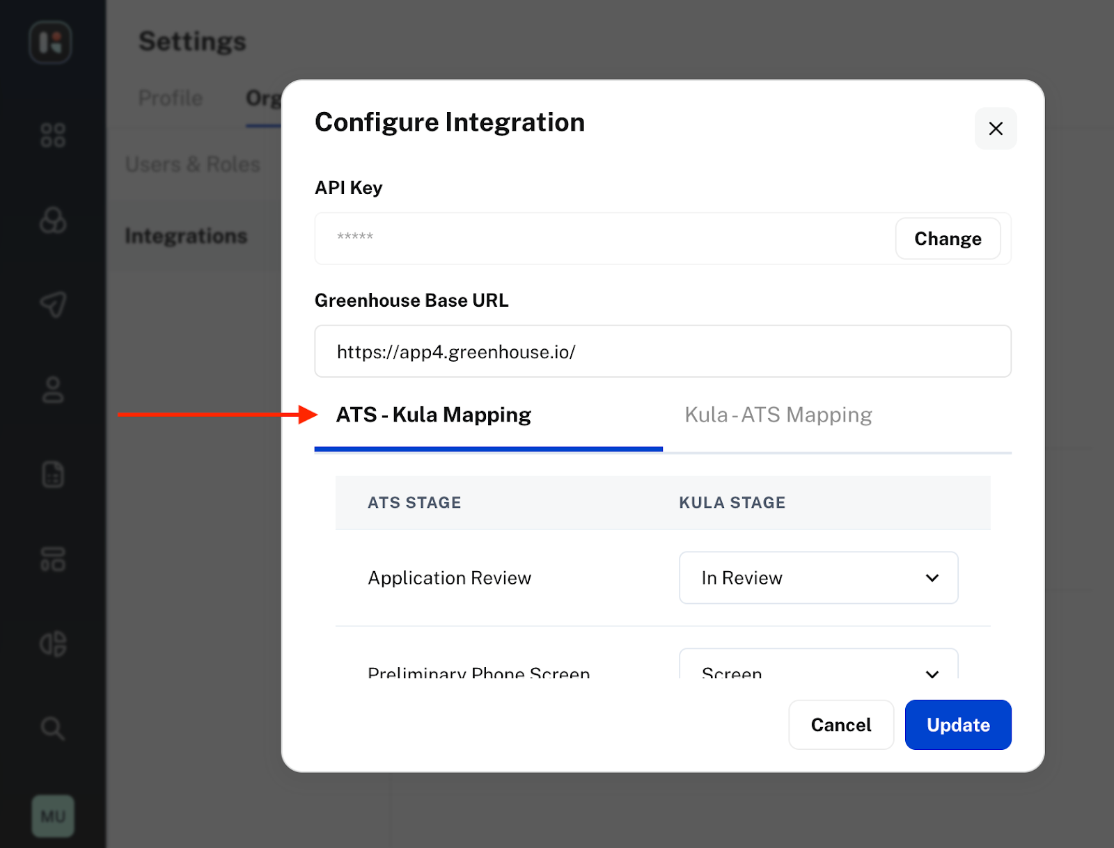 The Kula integration shows example stage mapping between Kula and Greenhouse Recruiting