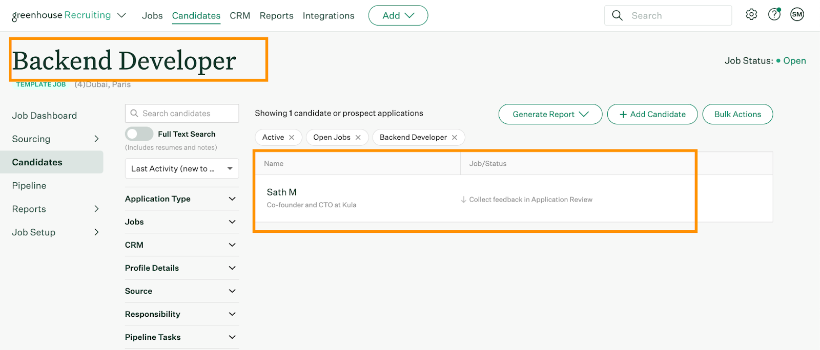 Greehouse Recruiting shows an example candidate profile on a sample job