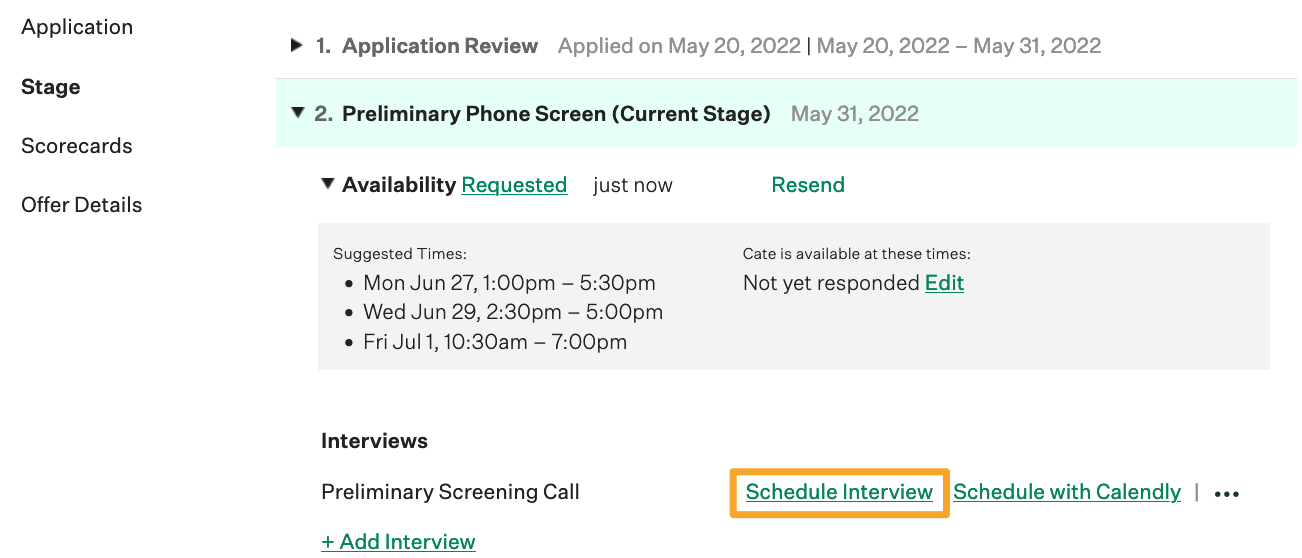 Screenshot of schedule interview button
