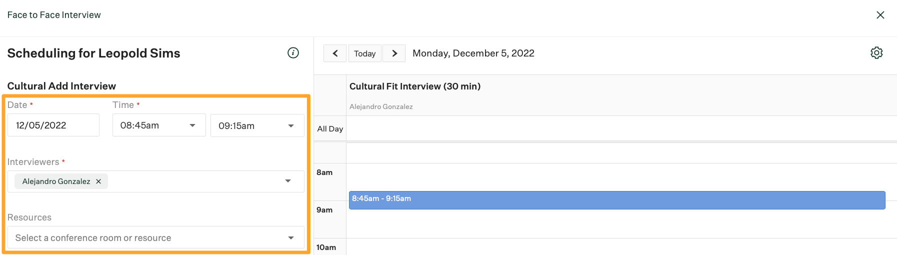 Scheduling page showing a marigold emphasis box around date and interviewer selection with date set to 12 05 22 and interviewer set to Alejandro Gonzalez