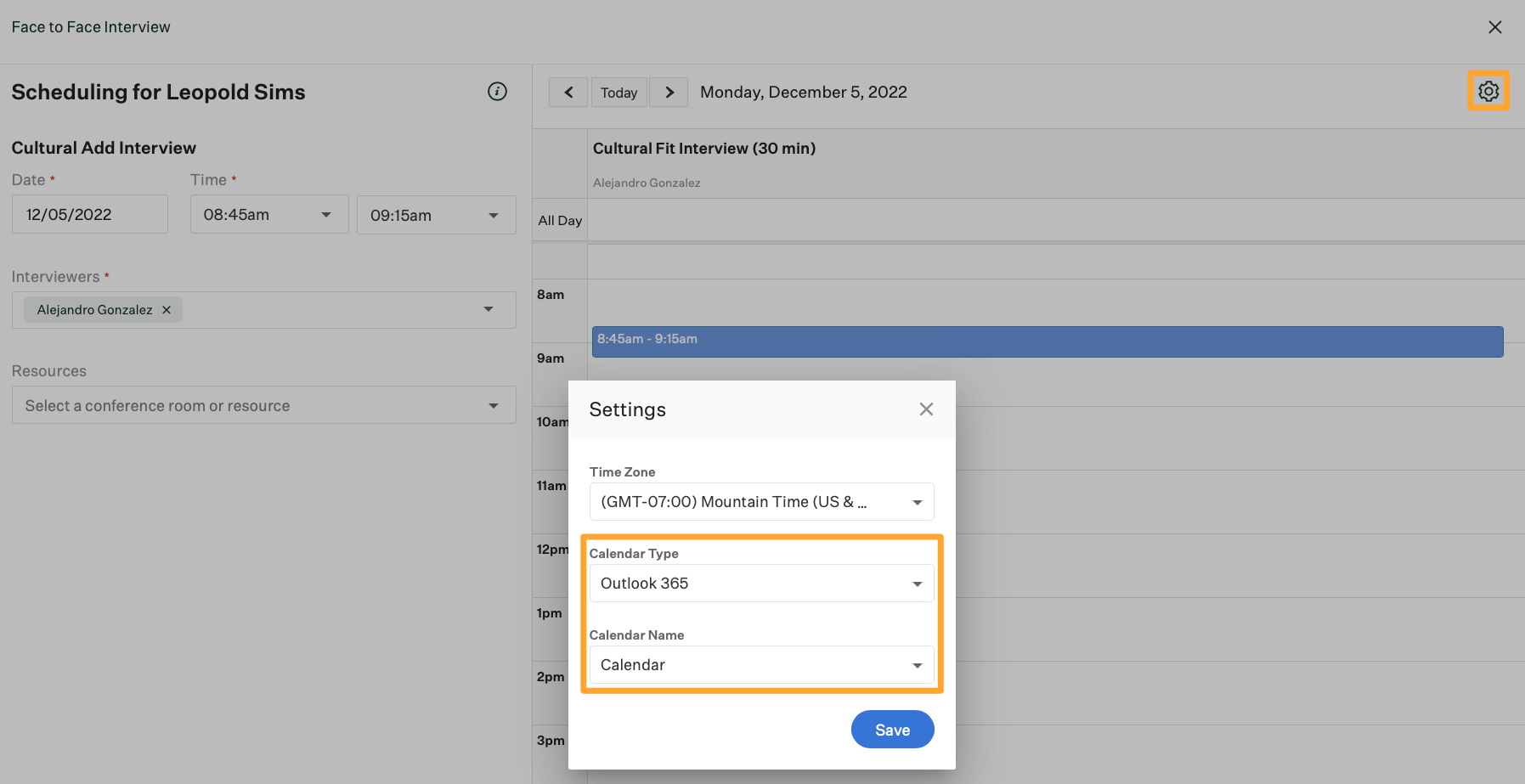 Scheduling page showing Settings icon highlighted in marigold box at top right and scheduling calendar set to Outlook 365