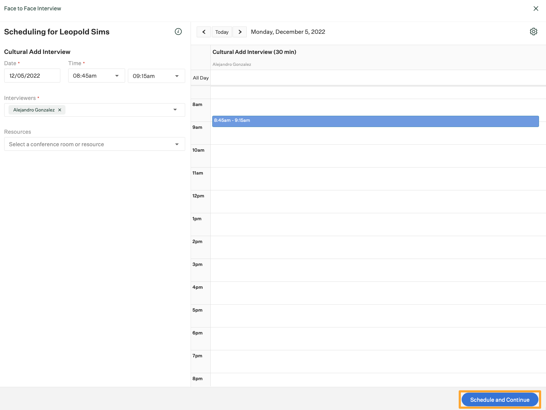 Scheduling page with marigold box highlighting Schedule and continue button at bottom right of page