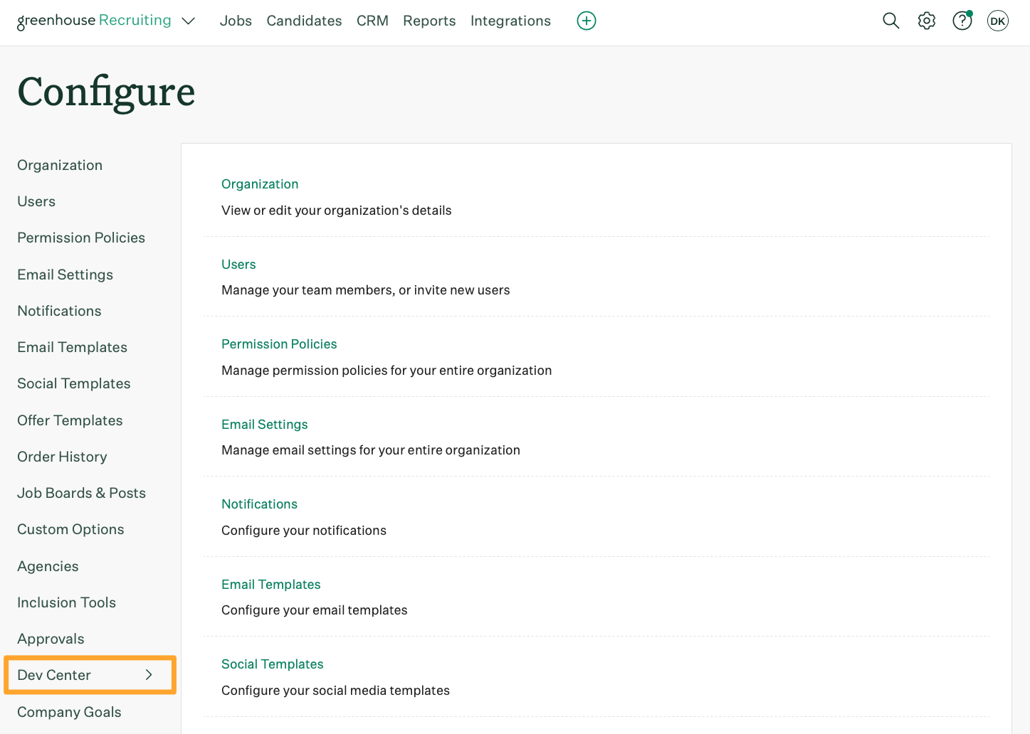Configure page with Dev Center highlighted in marigold emphasis box