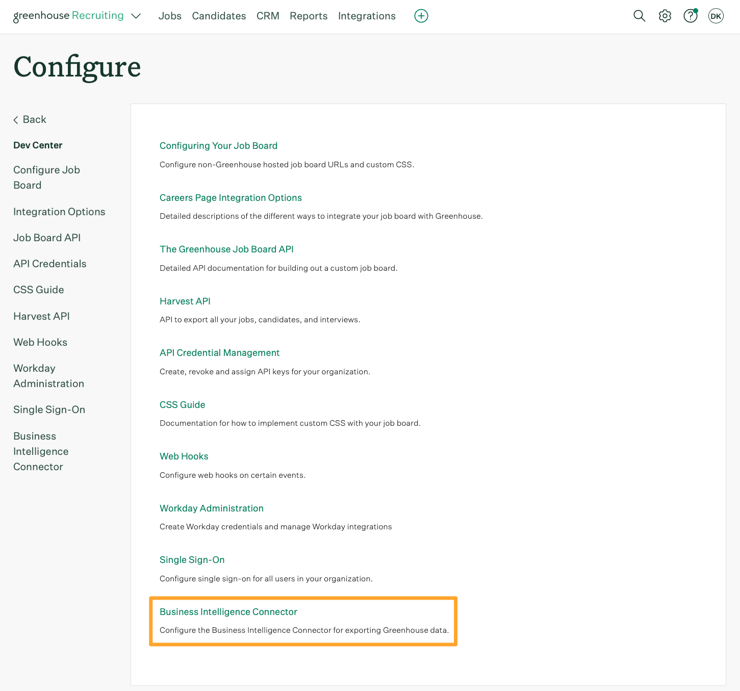 Dev Center page with Business Intelligence Connector highlighted in marigold emphasis box