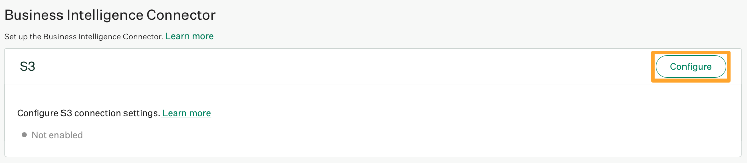 Business Intelligence Connector for S3 showing marigold emphasis box around Configure button
