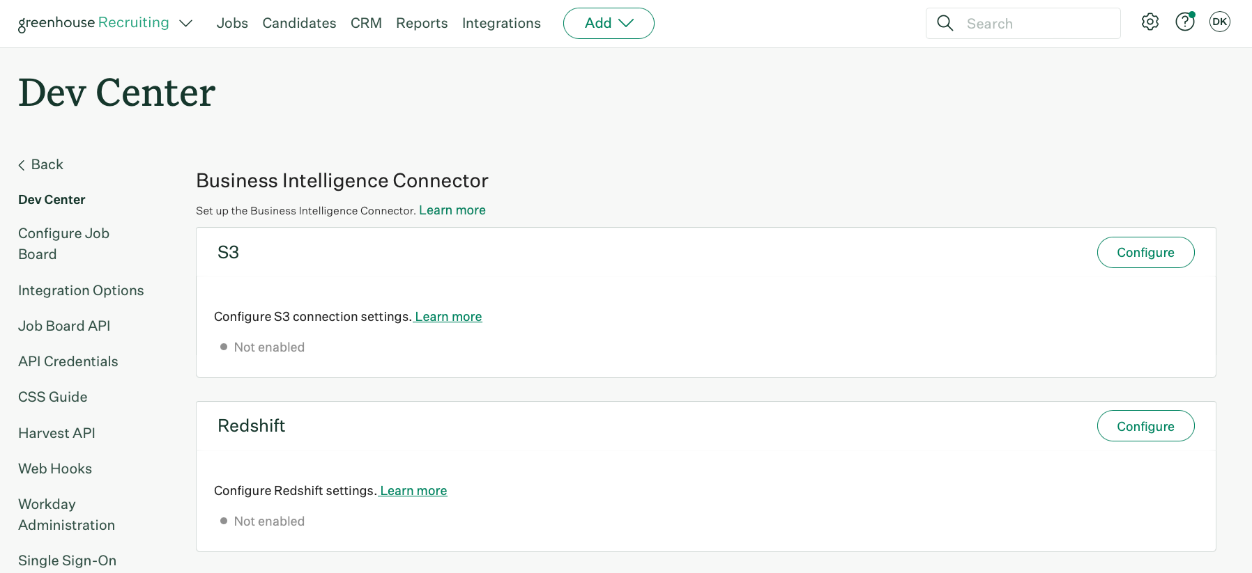 Business Intelligence Connector page showing two ETL methods called S3 and Redshift