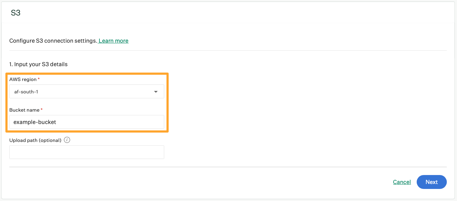 S3 Settings showing AWS region AF-region selected from dropdown, with an example bucket name in the Bucket Name field