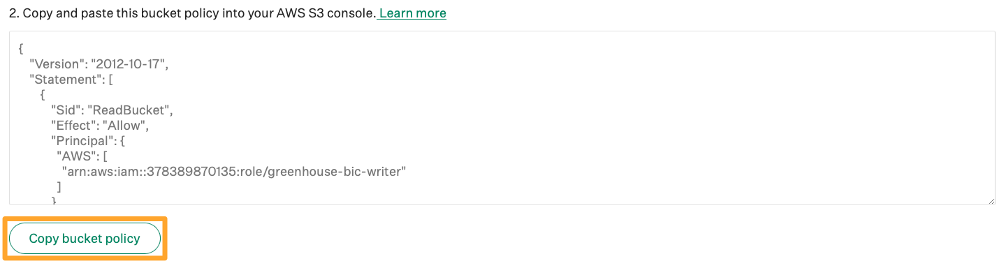 Copy bucket policy button highlighted by a marigold emphasis box