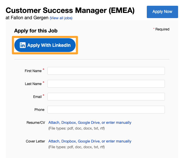 Job post page for Customer Success Manager shows an Apply with LinkedIn button highlighted in marigold emphasis box