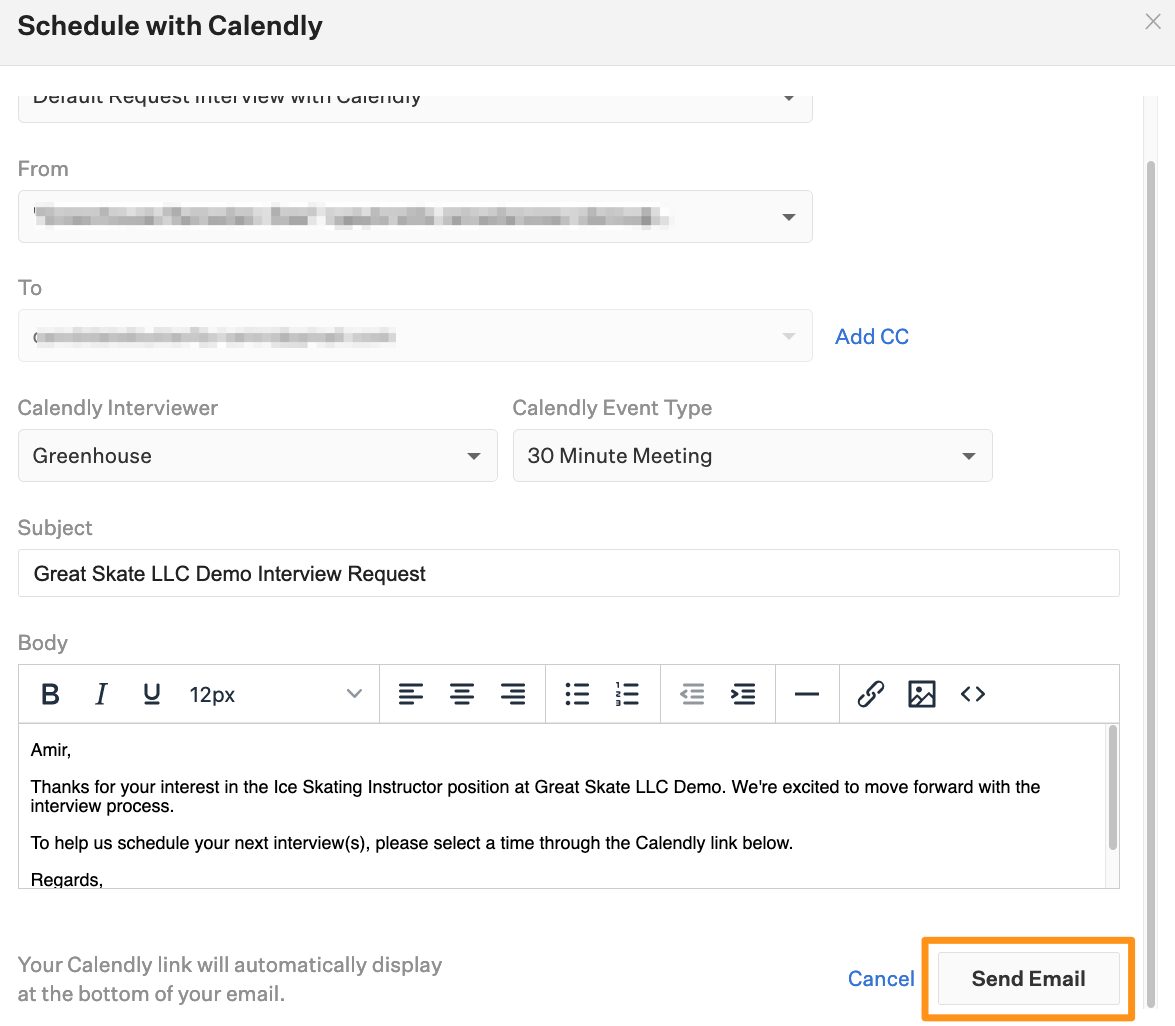 Calendly integration Greenhouse Support