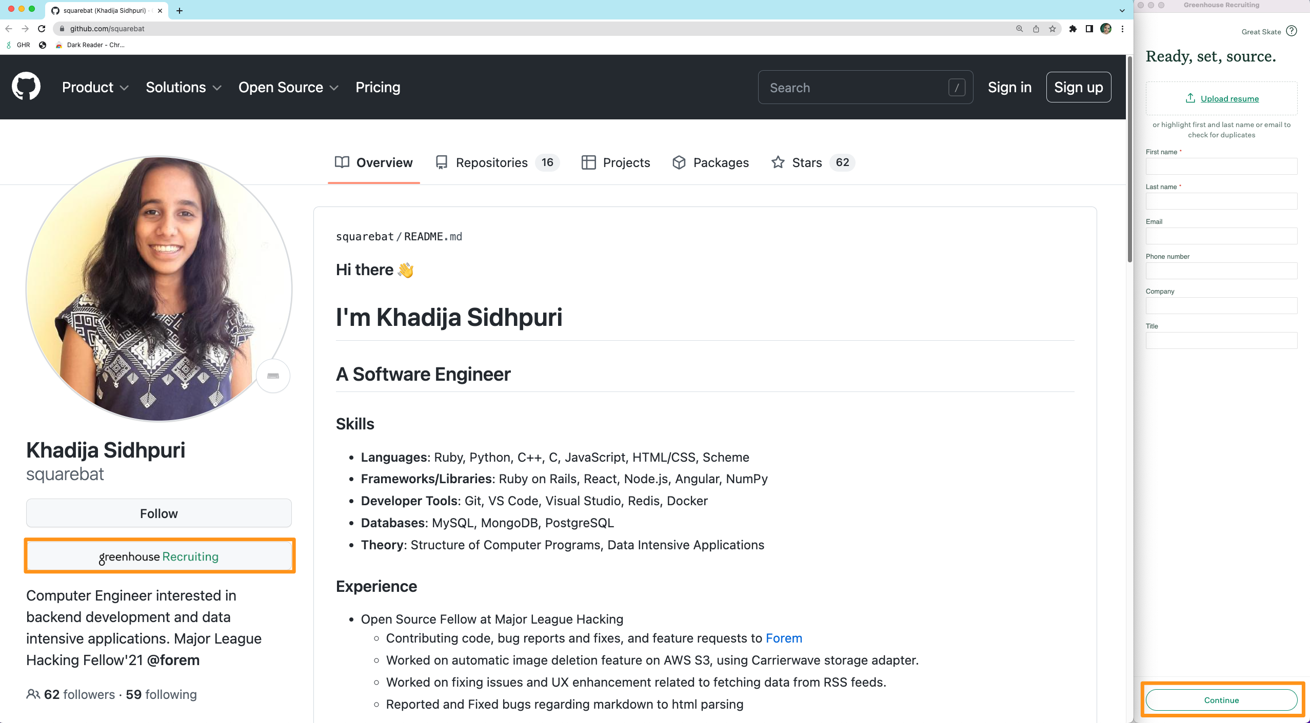 Screenshot of the prospect's github profile. 