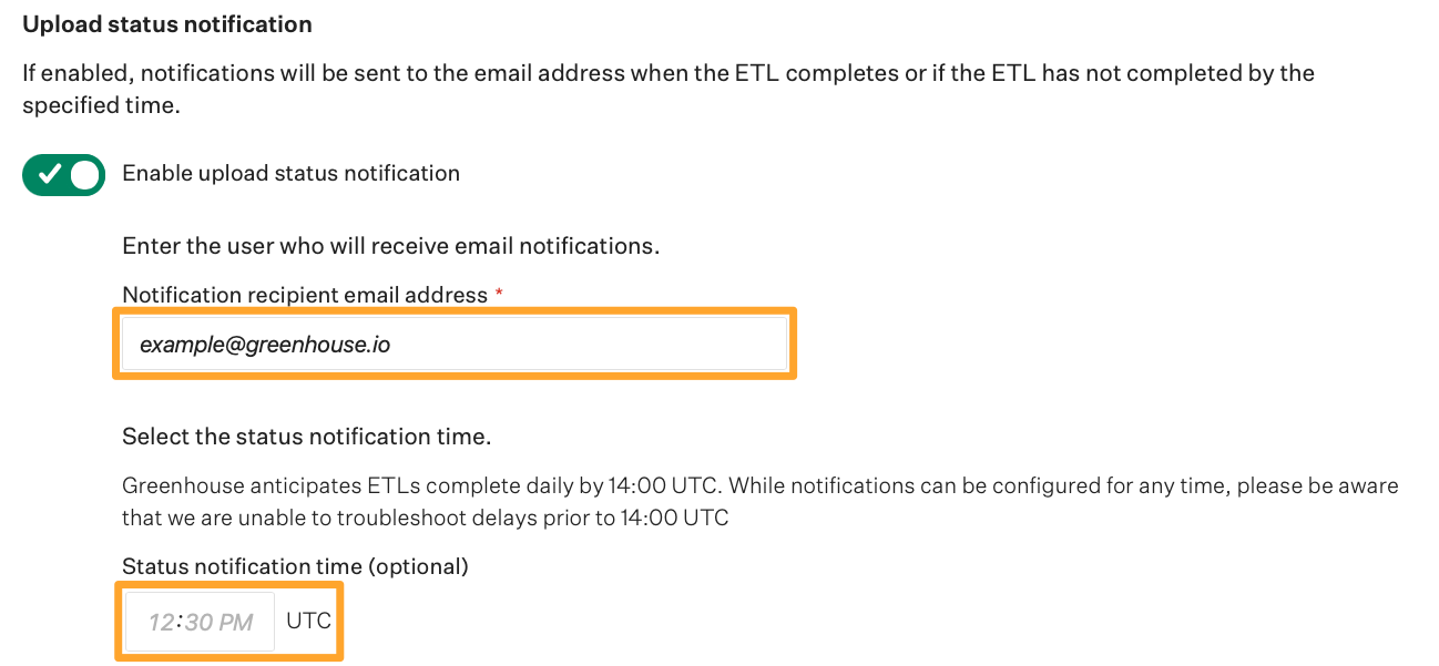 Business Intelligence Connector settings button shows email address and notification time highlighted in marigold emphasis boxes