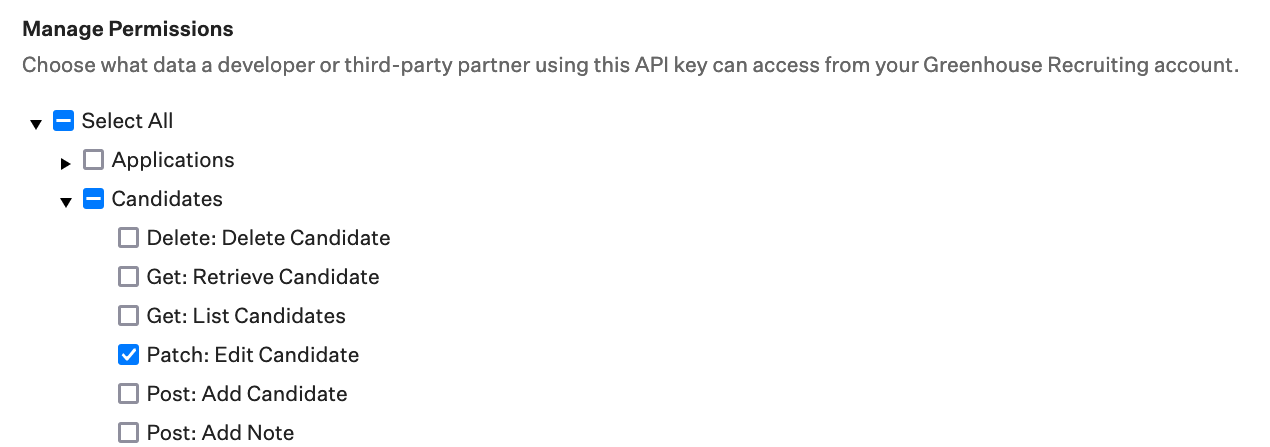 Example Harvest API permissions are shown checked on an API key