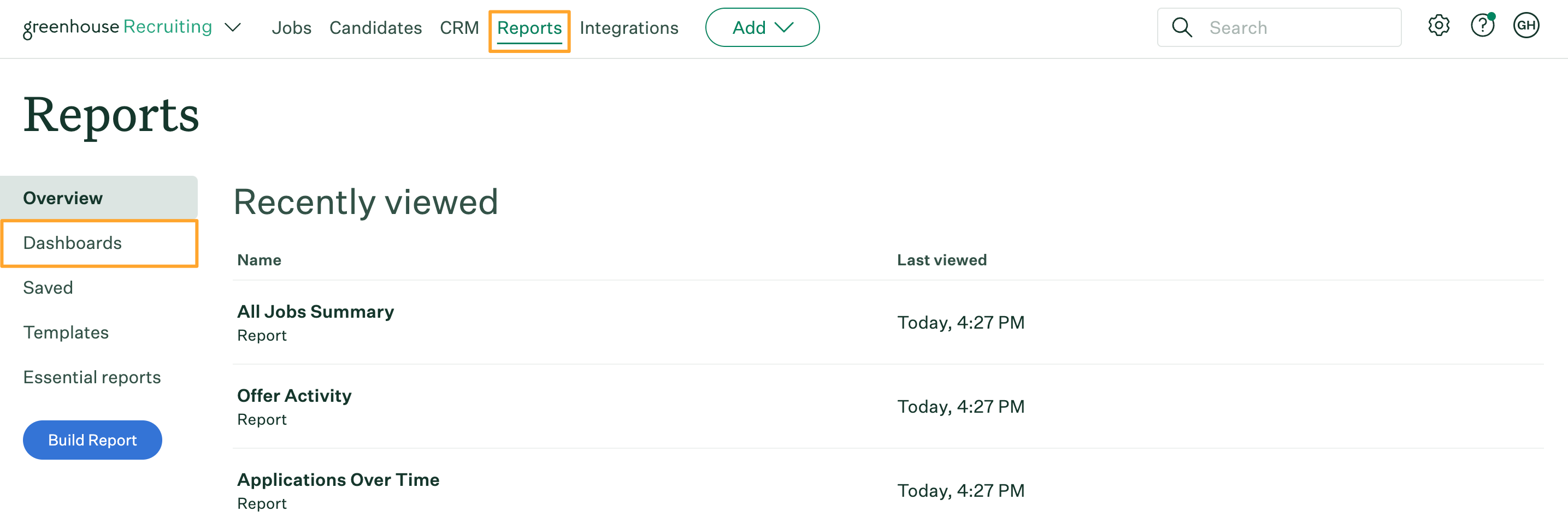 The Reports page shows the Dashboards button highlighted in marigold on the left