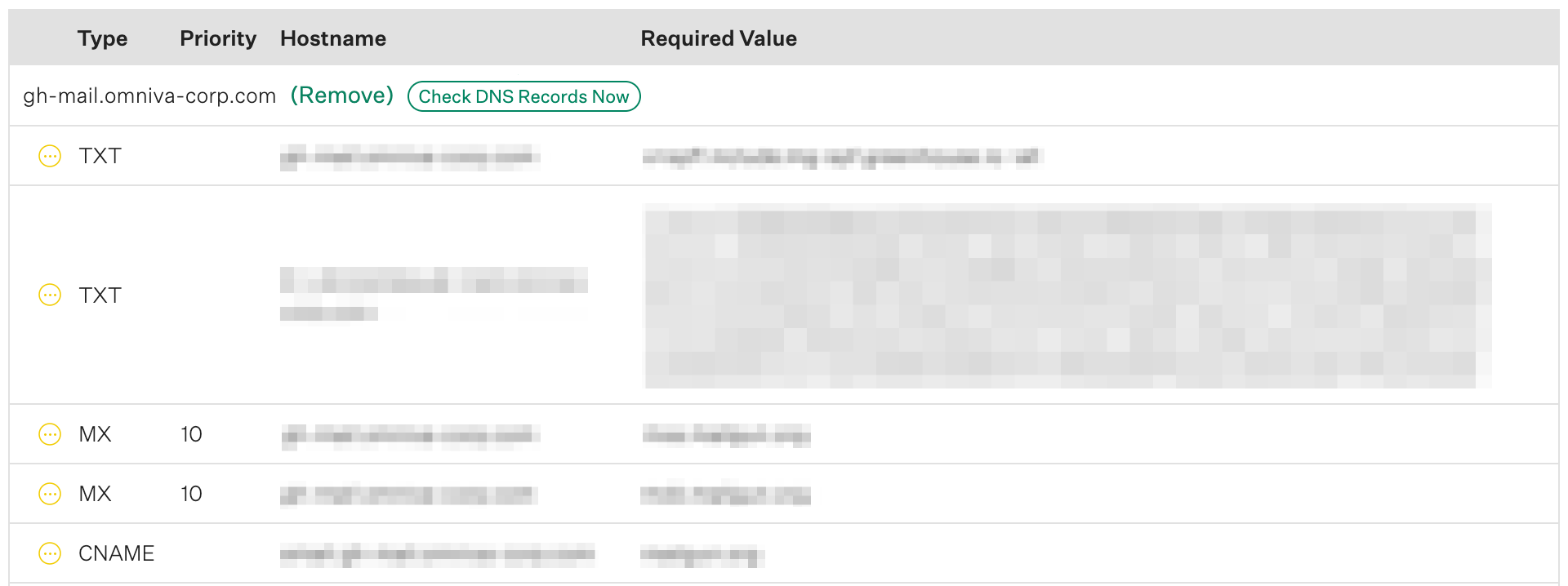 Screenshot of the values table on the email settings page