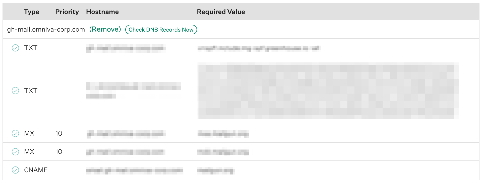 Screenshot of the values table on the email settings page with green check marks indicating the domain has been verified