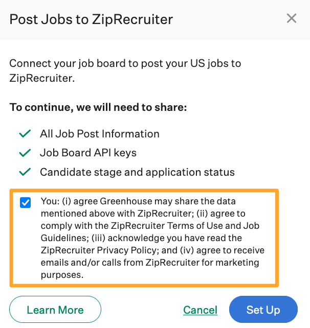 ZipRecruiter integration's privacy policy window is shown with checkbox agreements on each