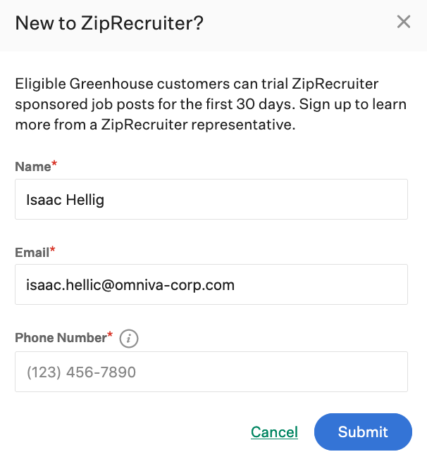 ZipRecruiter Premium fields are shown with optional contact information requested
